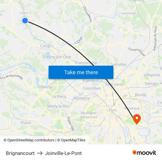 Brignancourt to Joinville-Le-Pont map
