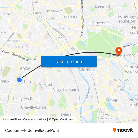 Cachan to Joinville-Le-Pont map