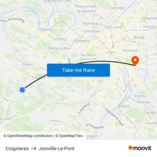 Coignieres to Joinville-Le-Pont map