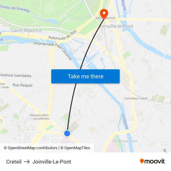 Creteil to Joinville-Le-Pont map