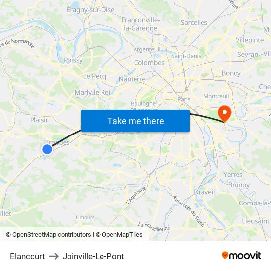 Elancourt to Joinville-Le-Pont map