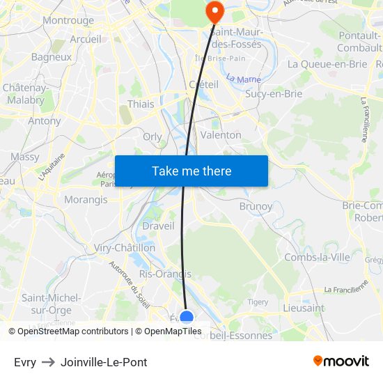 Evry to Joinville-Le-Pont map