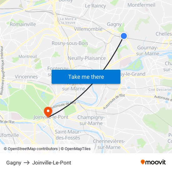 Gagny to Joinville-Le-Pont map