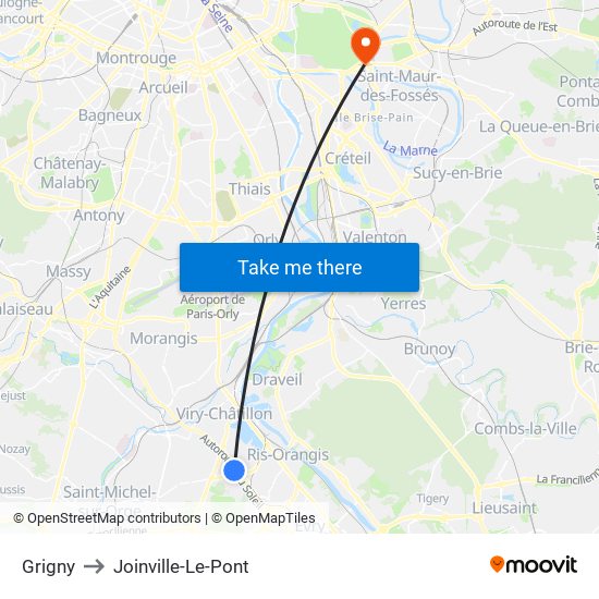 Grigny to Joinville-Le-Pont map