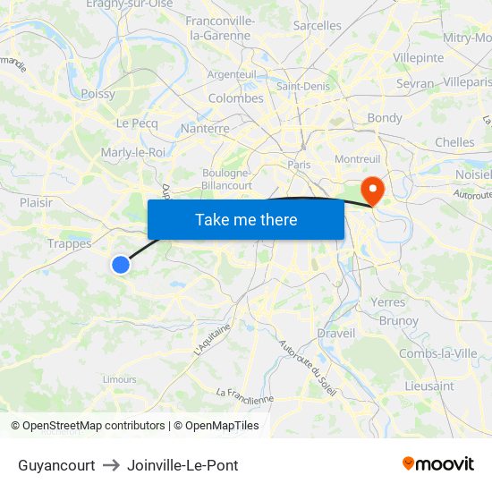 Guyancourt to Joinville-Le-Pont map