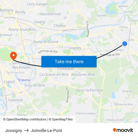 Jossigny to Joinville-Le-Pont map