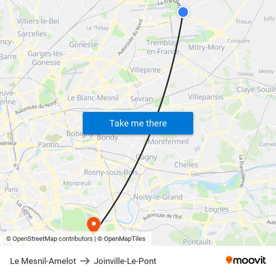 Le Mesnil-Amelot to Joinville-Le-Pont map