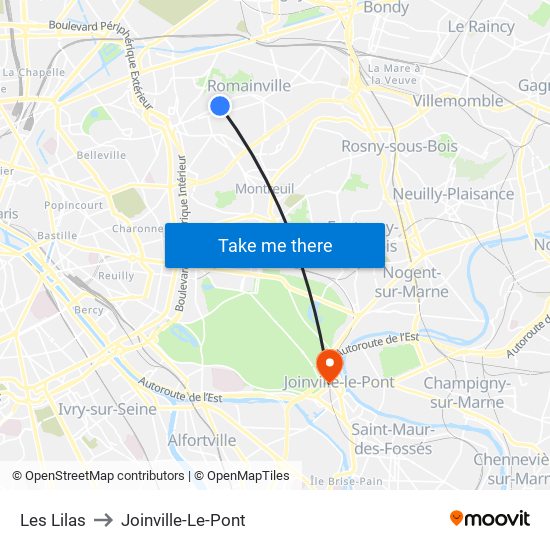 Les Lilas to Joinville-Le-Pont map
