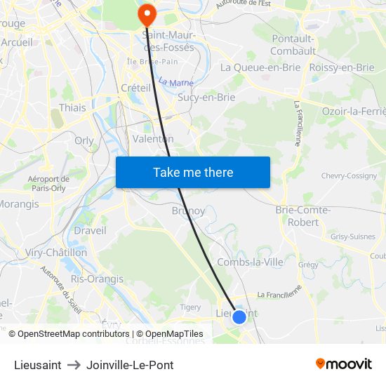 Lieusaint to Joinville-Le-Pont map