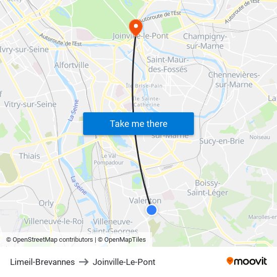 Limeil-Brevannes to Joinville-Le-Pont map