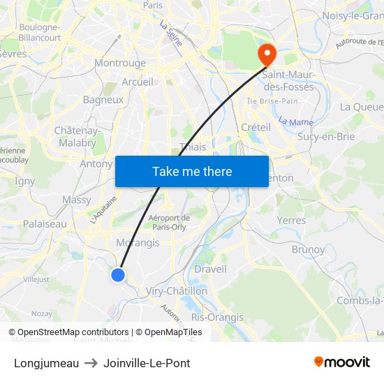 Longjumeau to Joinville-Le-Pont map