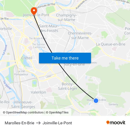 Marolles-En-Brie to Joinville-Le-Pont map