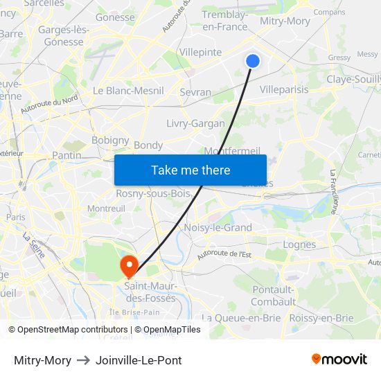 Mitry-Mory to Joinville-Le-Pont map