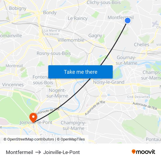 Montfermeil to Joinville-Le-Pont map