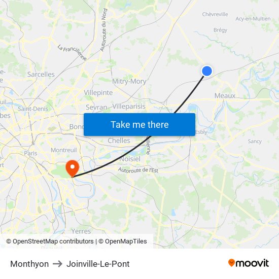 Monthyon to Joinville-Le-Pont map