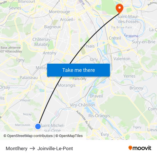 Montlhery to Joinville-Le-Pont map