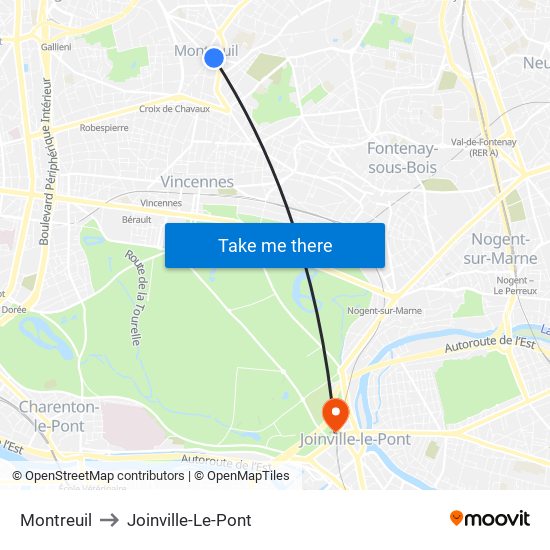 Montreuil to Joinville-Le-Pont map