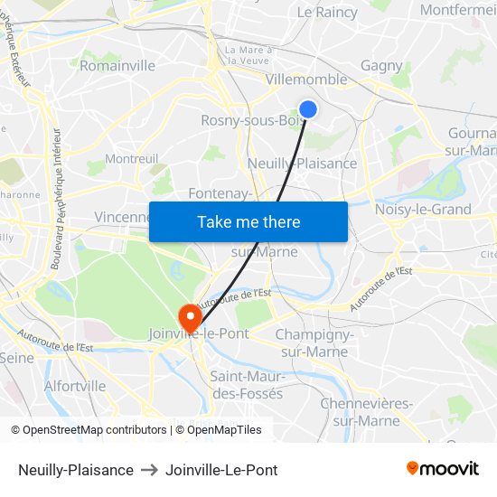 Neuilly-Plaisance to Joinville-Le-Pont map