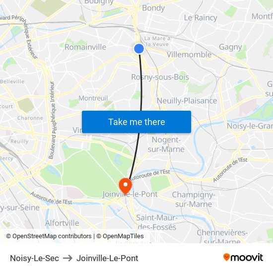 Noisy-Le-Sec to Joinville-Le-Pont map