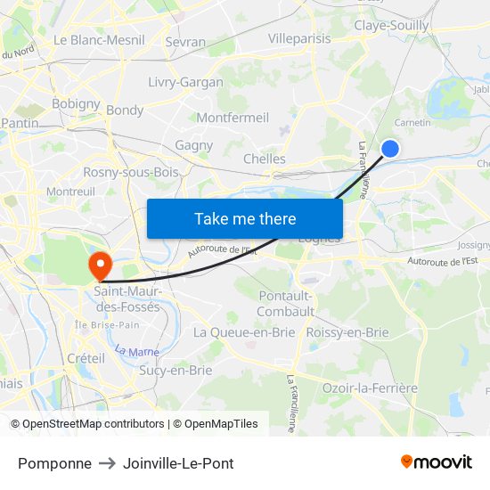 Pomponne to Joinville-Le-Pont map