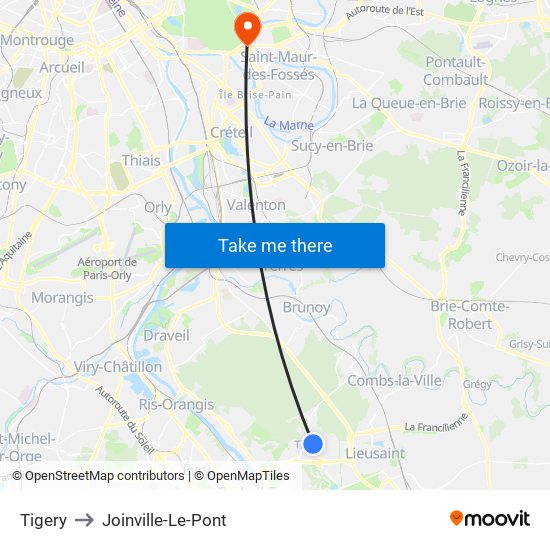 Tigery to Joinville-Le-Pont map