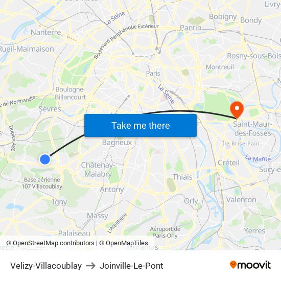 Velizy-Villacoublay to Joinville-Le-Pont map
