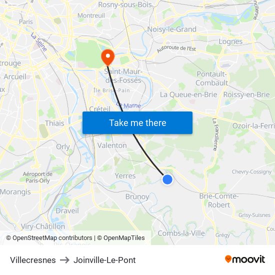 Villecresnes to Joinville-Le-Pont map