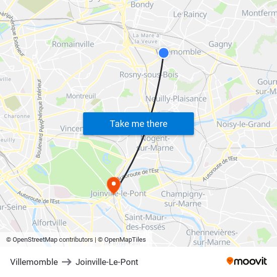 Villemomble to Joinville-Le-Pont map