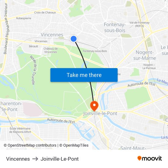 Vincennes to Joinville-Le-Pont map