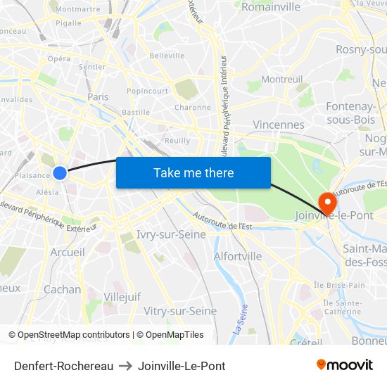 Denfert-Rochereau to Joinville-Le-Pont map