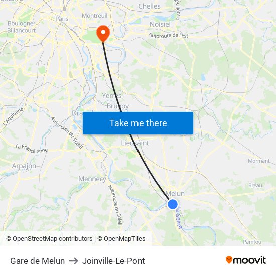 Gare de Melun to Joinville-Le-Pont map