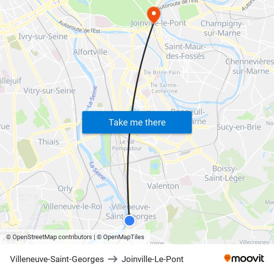 Villeneuve-Saint-Georges to Joinville-Le-Pont map