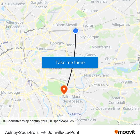 Aulnay-Sous-Bois to Joinville-Le-Pont map