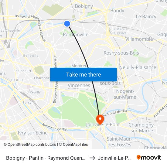 Bobigny - Pantin - Raymond Queneau to Joinville-Le-Pont map