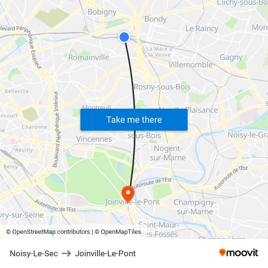 Noisy-Le-Sec to Joinville-Le-Pont map
