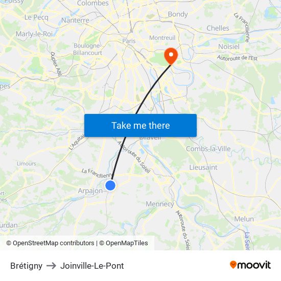 Brétigny to Joinville-Le-Pont map