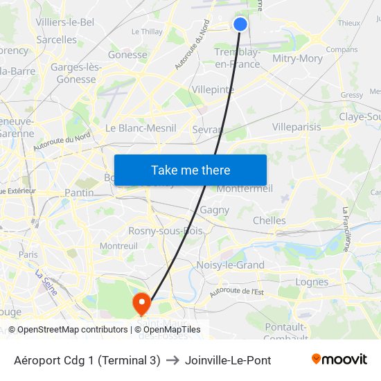 Aéroport Cdg 1 (Terminal 3) to Joinville-Le-Pont map