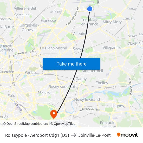Roissypole - Aéroport Cdg1 (D3) to Joinville-Le-Pont map