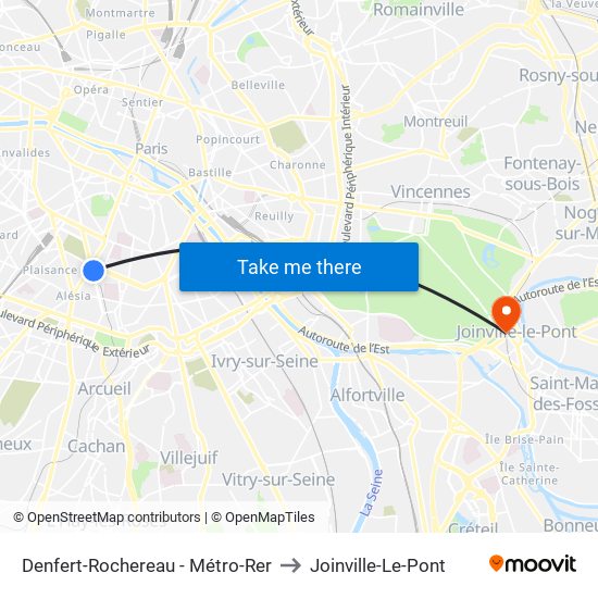 Denfert-Rochereau - Métro-Rer to Joinville-Le-Pont map