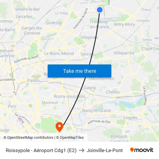 Roissypole - Aéroport Cdg1 (E2) to Joinville-Le-Pont map