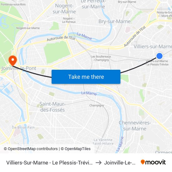 Villiers-Sur-Marne - Le Plessis-Trévise RER to Joinville-Le-Pont map