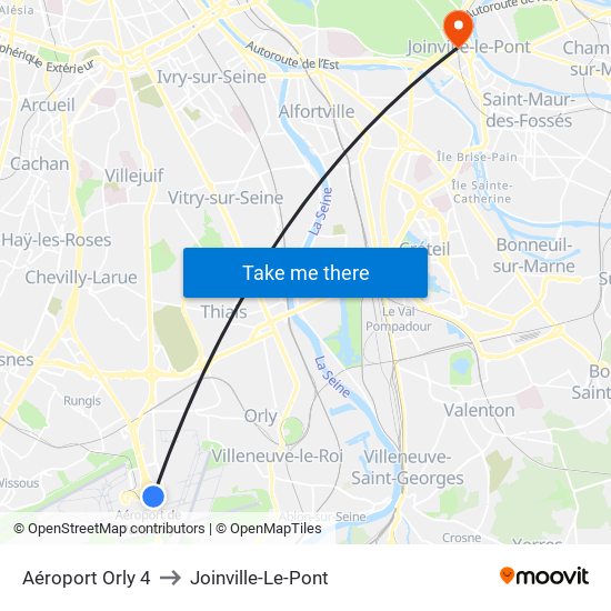 Aéroport Orly 4 to Joinville-Le-Pont map