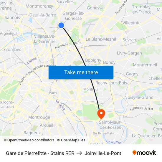 Gare de Pierrefitte - Stains RER to Joinville-Le-Pont map