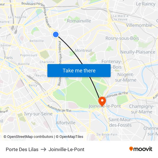 Porte Des Lilas to Joinville-Le-Pont map