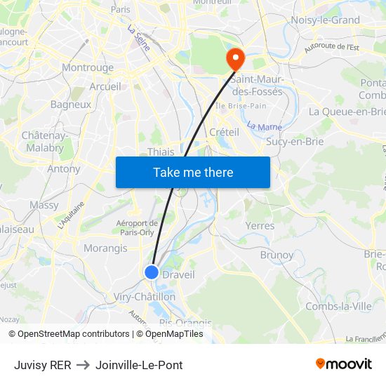 Juvisy RER to Joinville-Le-Pont map