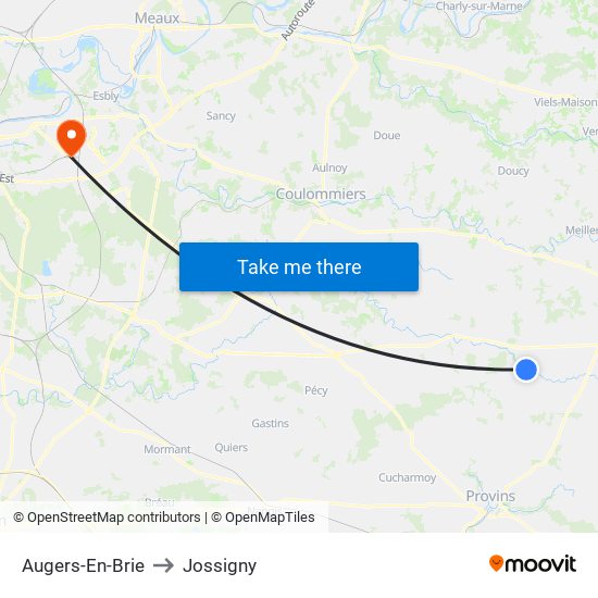 Augers-En-Brie to Jossigny map
