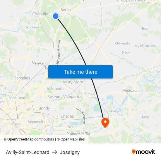 Avilly-Saint-Leonard to Jossigny map