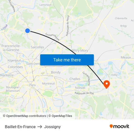 Baillet-En-France to Jossigny map