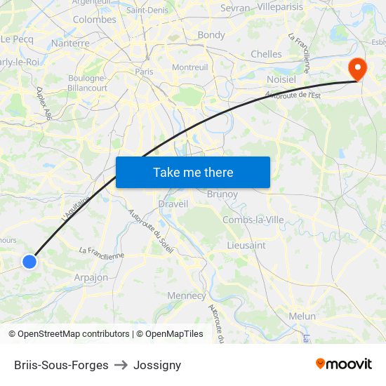 Briis-Sous-Forges to Jossigny map