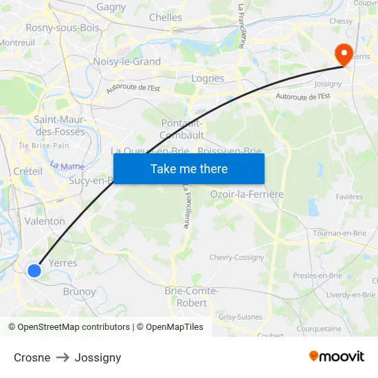 Crosne to Jossigny map